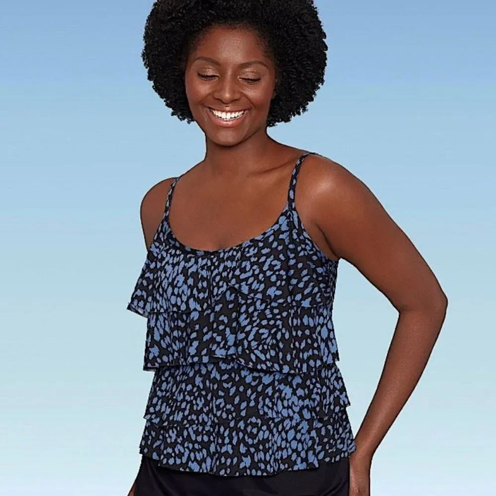 Miraclesuit Dreamsuit Slimming Control Tiered Tankini Top Blue Leopard- Size 10